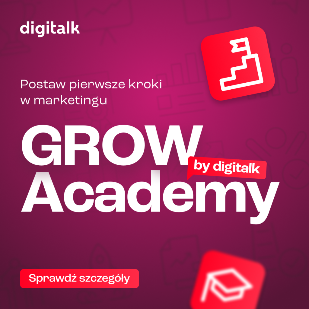 plakat z białym napisem na granatowym tle z napisem grow academy