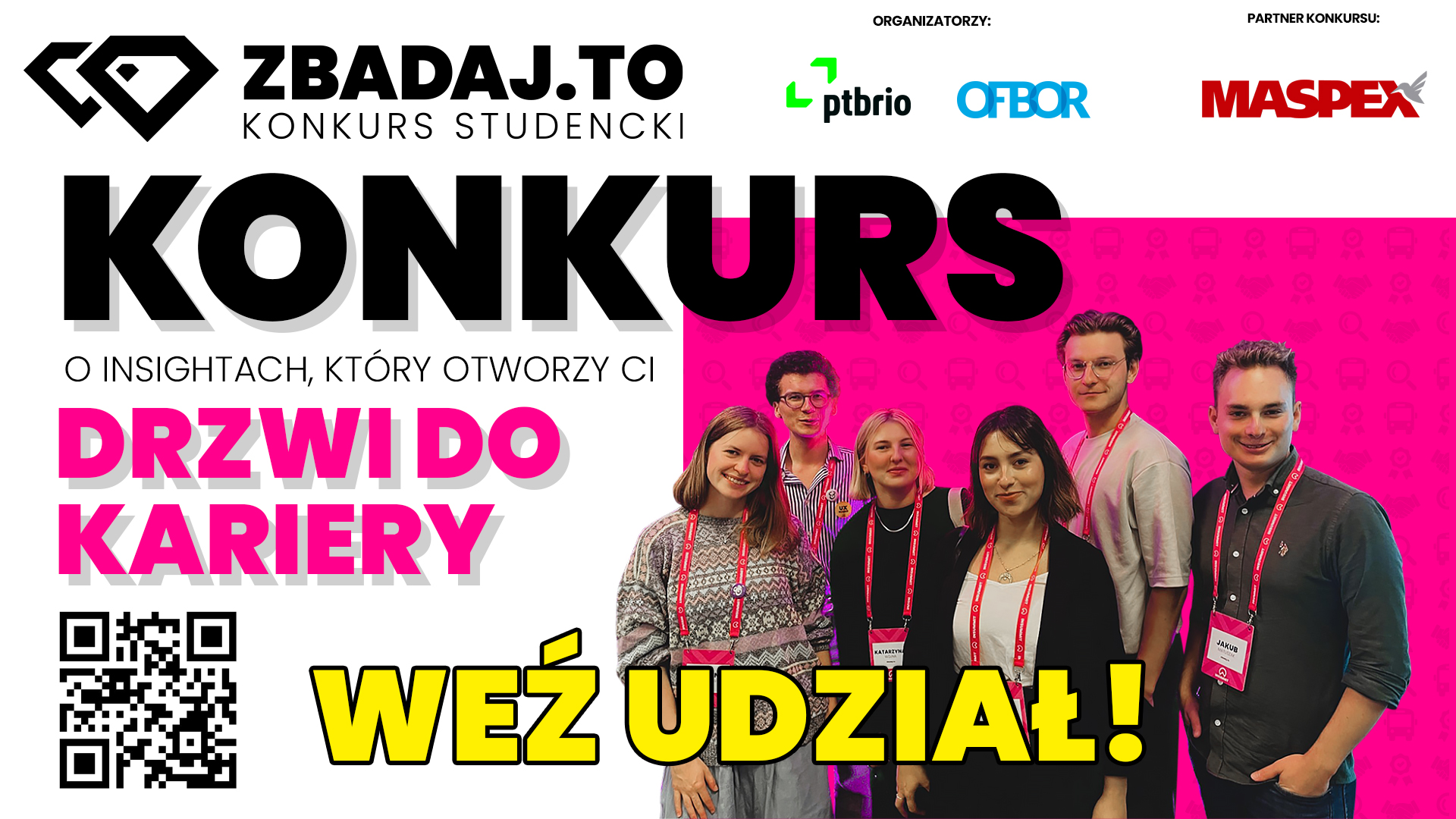 Kolorowa grafika z kilkoma osobami uśmiechającymi się, która promuje konkurs zbadaj.to