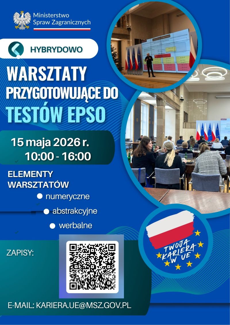 Grafika informująca o warsztatach przygotowujących do testów EPSO