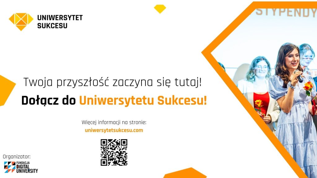 Baner biało-żółty z uśmiechniętą kobietą i tekst promujący program Uniwersytet sukcesu