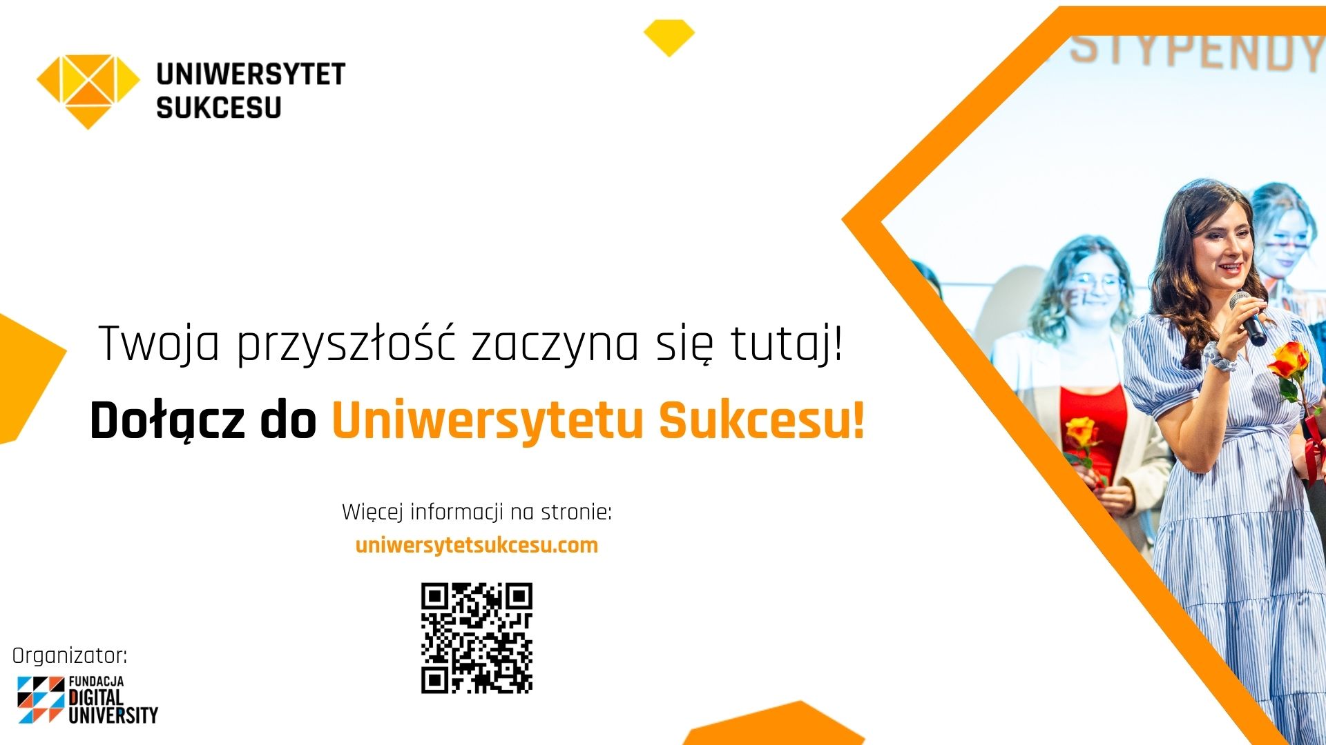 Baner biało-żółty z uśmiechniętą kobietą i tekst promujący program Uniwersytet sukcesu