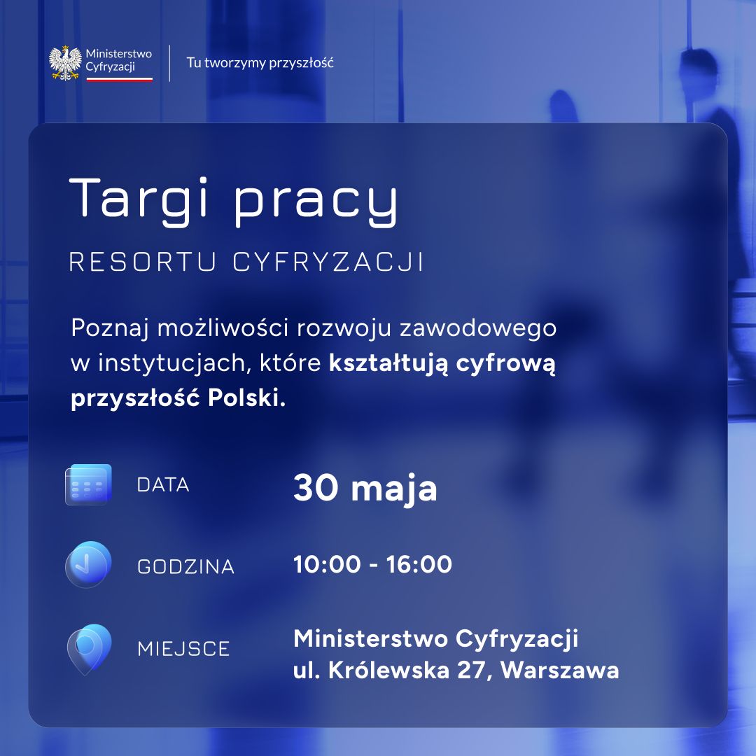 Granatowa grafika z tekstem promującym Cyfrowe Targi Pracy