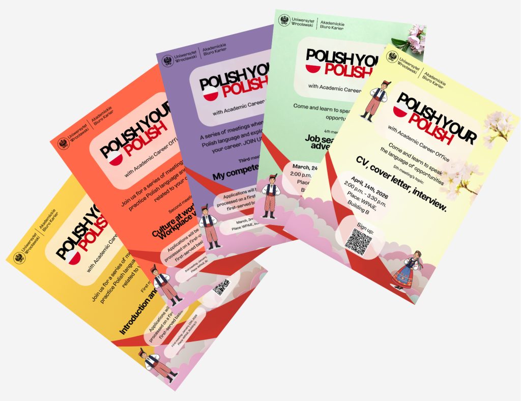 5 kolorowych plakatów promujących "polish your Polish" ułożonych w wachlarz jak karty.