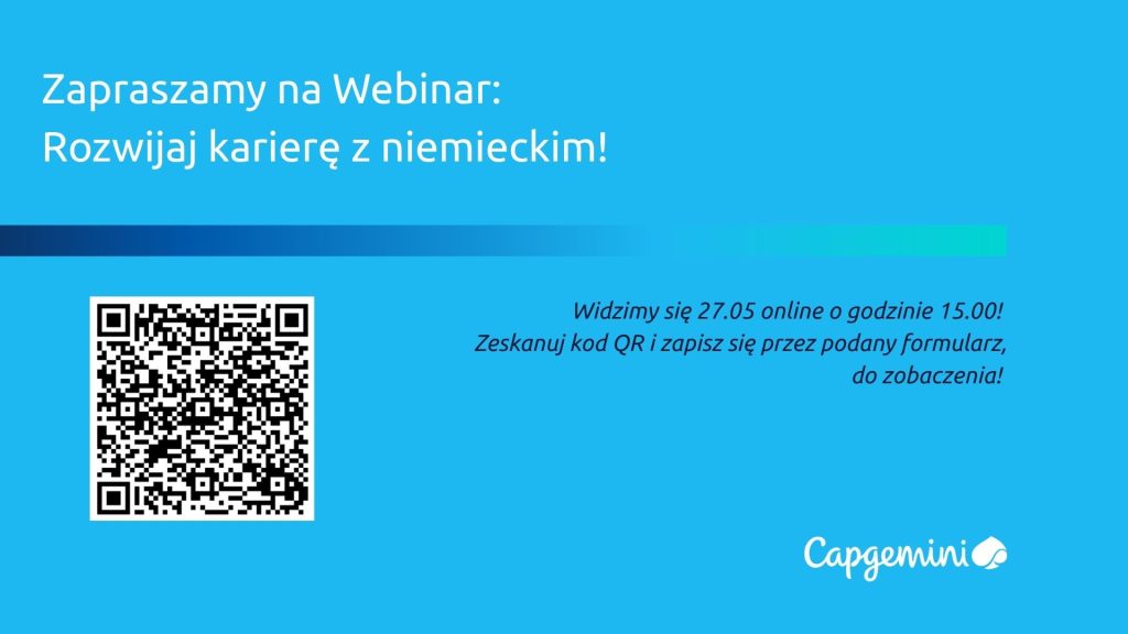 Biały tekst na niebieskim trle obok kodu QR zapraszający do udziału w webinarze firmy capgemini