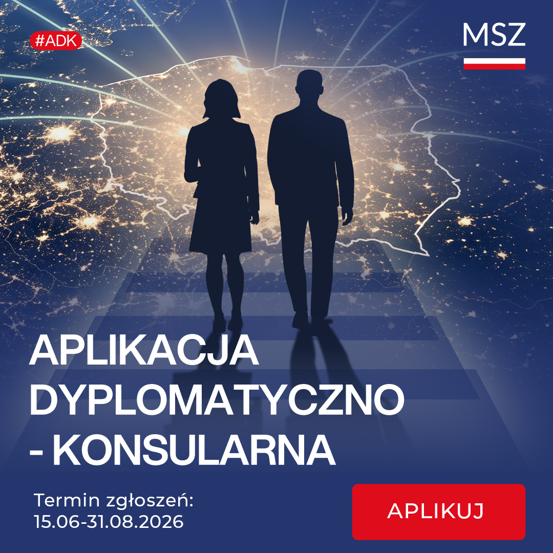 dwa cienie ludzi idących w stronę światła w kształcie polski i podpis: aplikacja dyplomatyczno-konsularna
