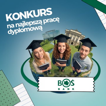 Trzy młode osoby w biretach absolwenckich patrzą w górę trzymając książki. obok nich napis: konkurs na najlepszą pracę dyplomową